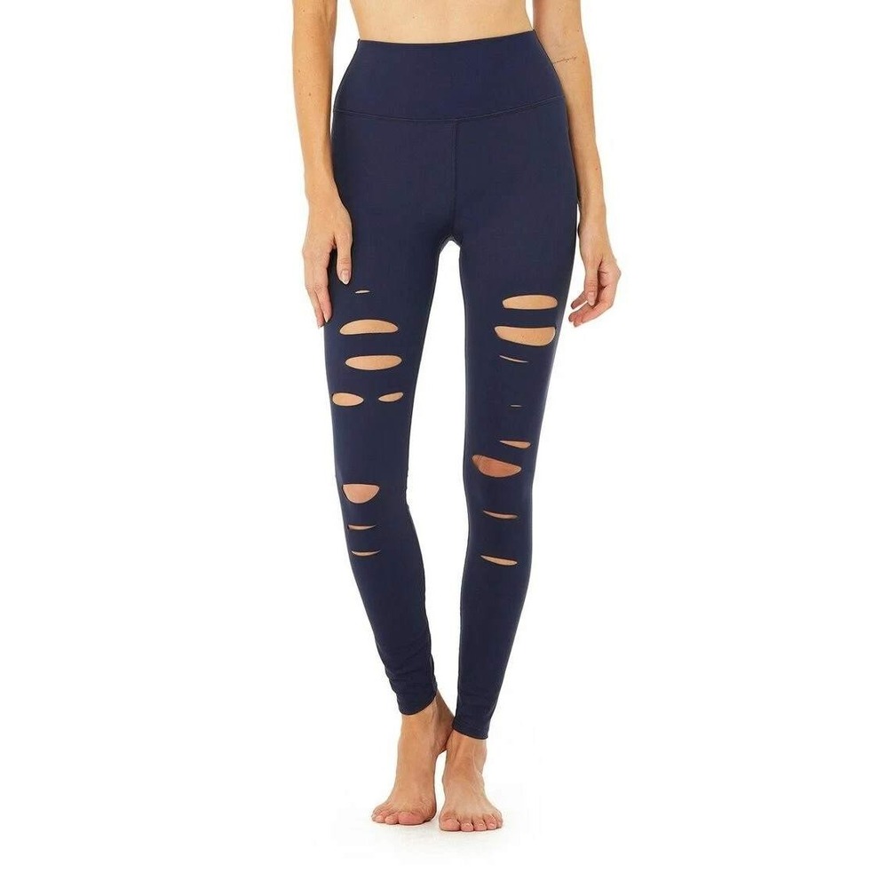 Alo Yoga Womens Ripped Warrior Leggings M Navy Blue High Rise Laser Cut Yoga Gym